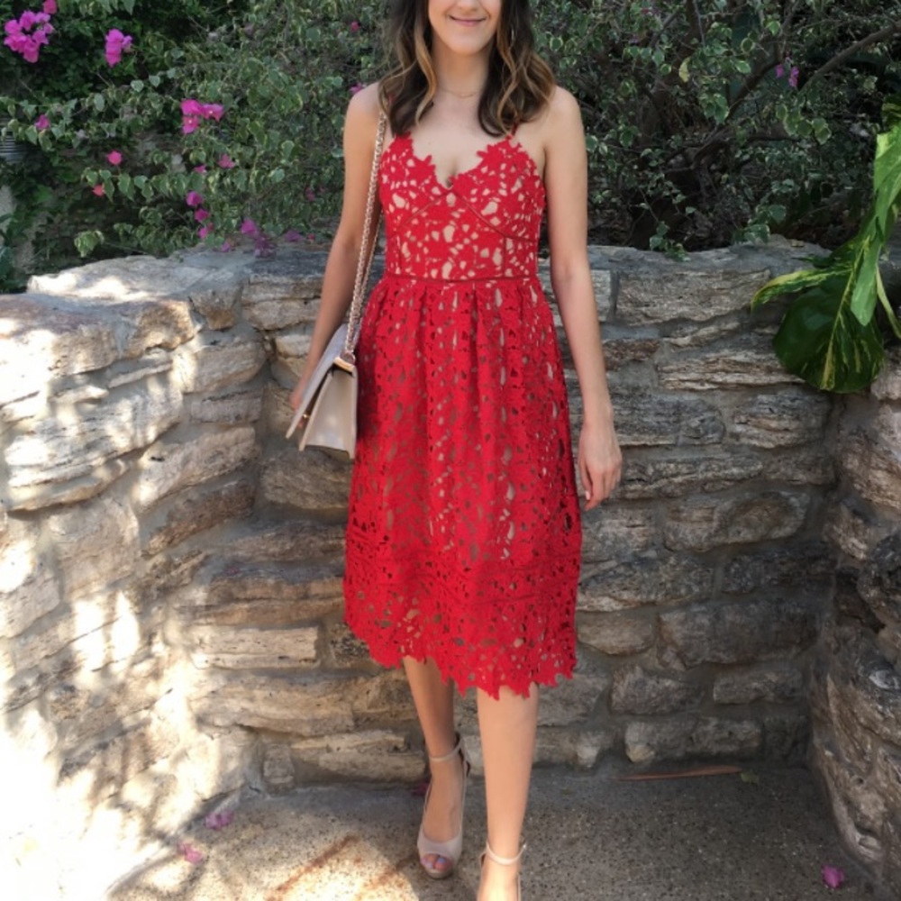 Red lace midi dress